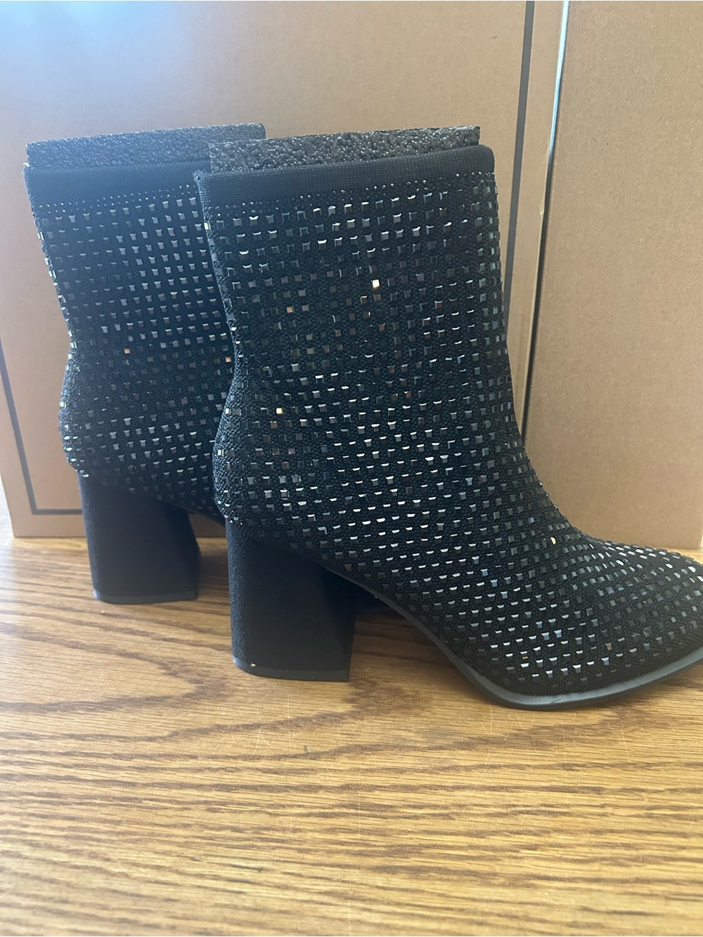 MIA Black Rhinestone Mesh Block Heel Ankle Boots